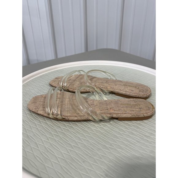 Express Clear Strap Slide Flat Sandals Womens 8 Open Toe Cork Cream Summer - Picture 6 of 8
